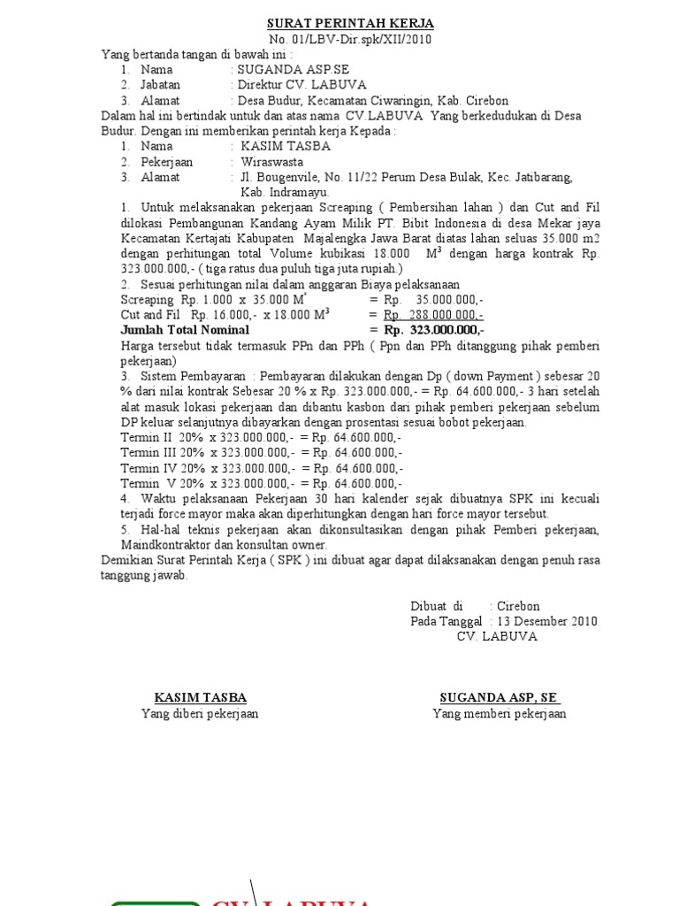 -Pekerjaan di laksanakan sejak surat perintah kerja ini di terbitkan dan harus di selesaikan sesuai waktu pelaksanaan serta di serahkan dengan baik.