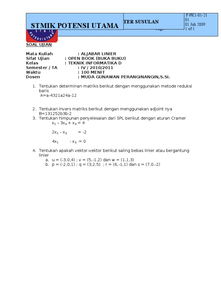Uts Aljabar Linier Susulan