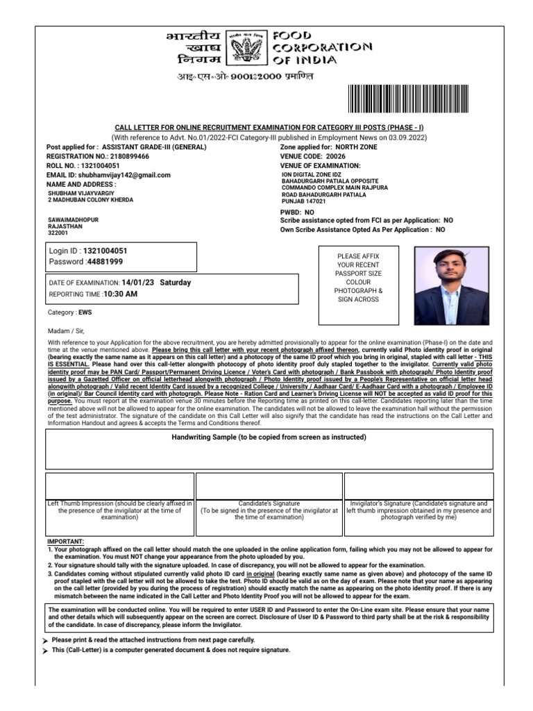 FCI Assistant Grade-III Exam Call Letter | PDF | Test (Assessment ...