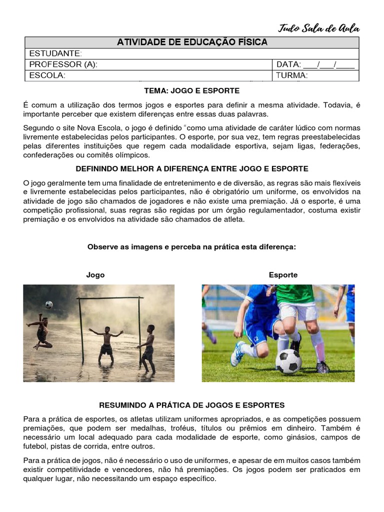 Atividade - Educação Fisica - Jogos e Esportes | PDF | Esportes | Futebol