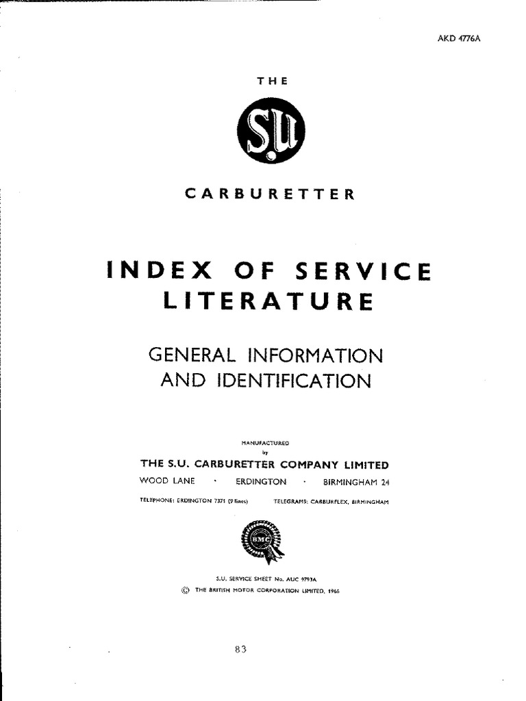 SU Carburetter Index of Service Literature and General Information and