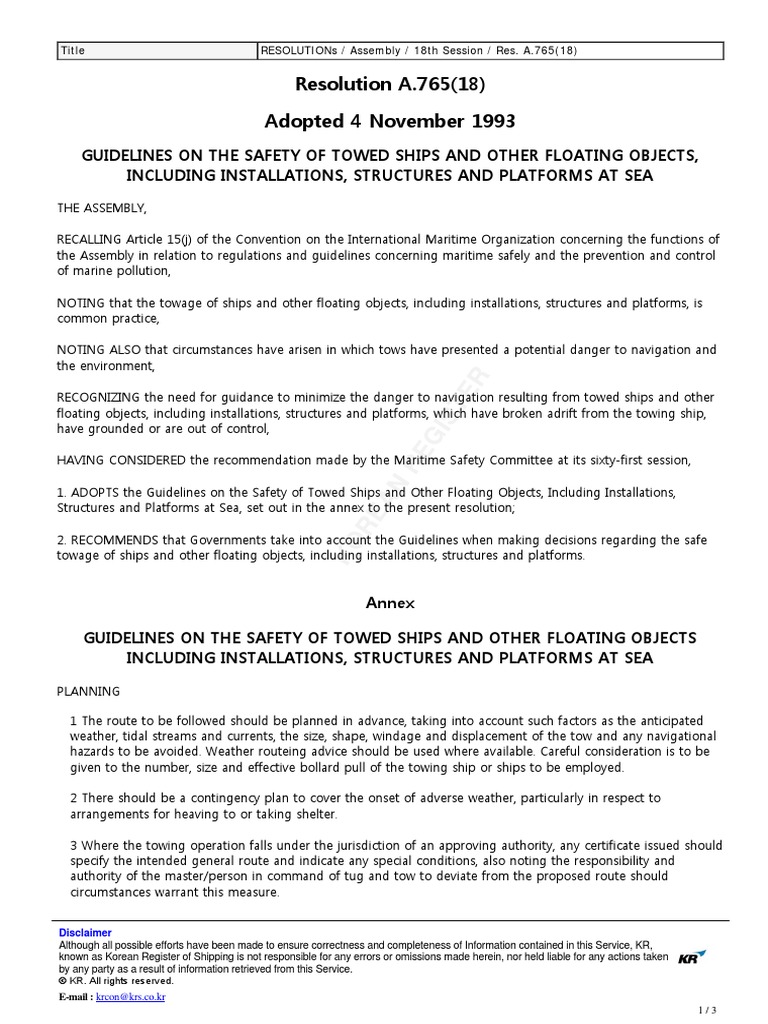 RESOLUTIONs - Guideline For Safety of Tow - Res.A.765 | PDF | Sea | Ships