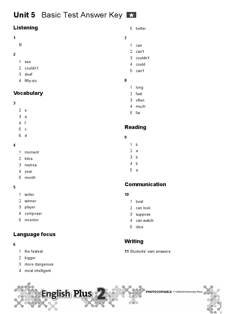 Unit 5 Basic Test Answers PDF