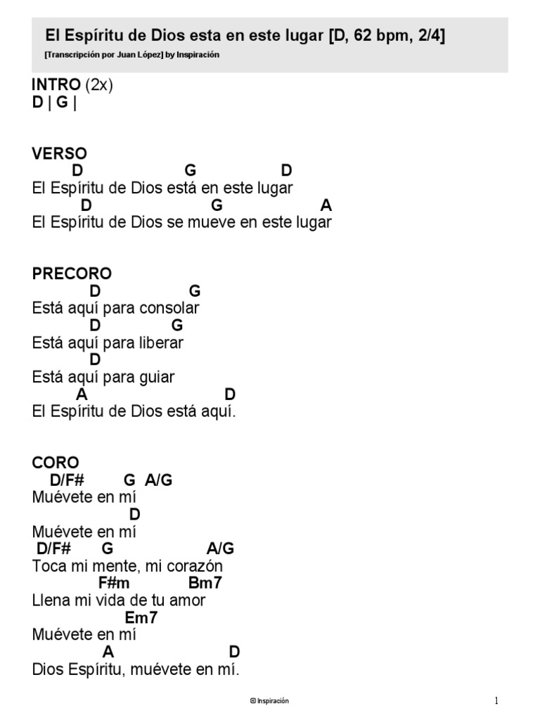 El Espíritu de Dios Esta en Este Lugar (D) - Inspiración | PDF