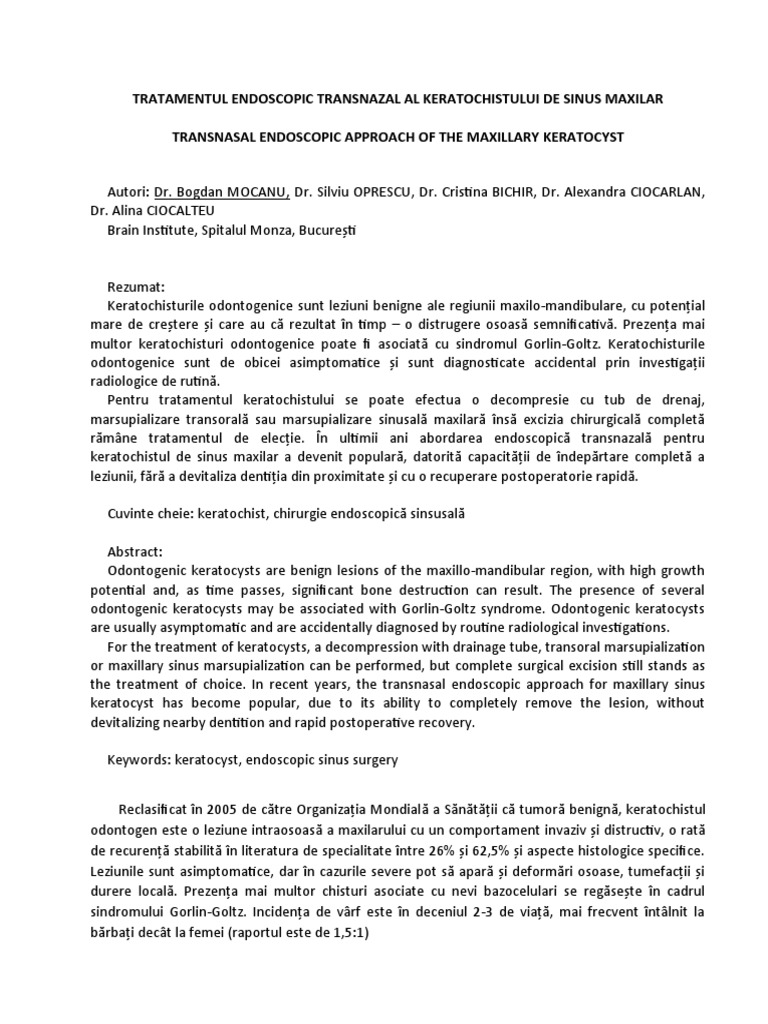 Tratamentul endoscopic transnazal al keratochistului de sinus maxilar pdf