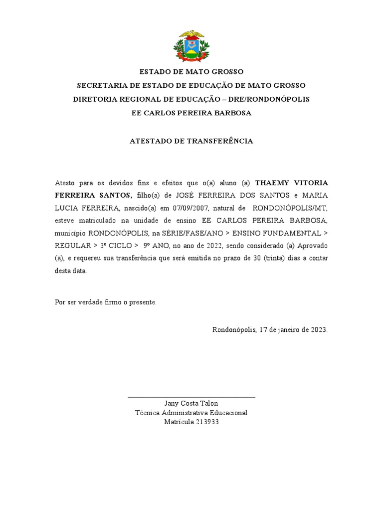 Atestado de Transferência Escolar MT | PDF