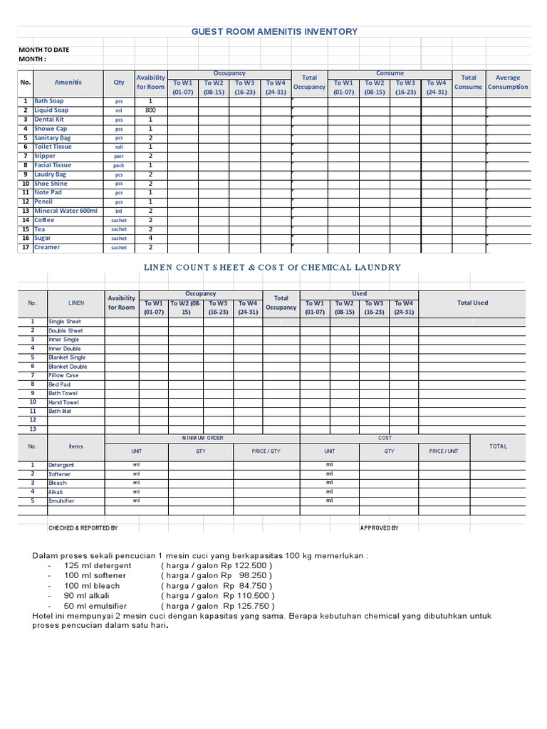 Linen Count Sheet & Chemical Cost PDF Hygiene Home