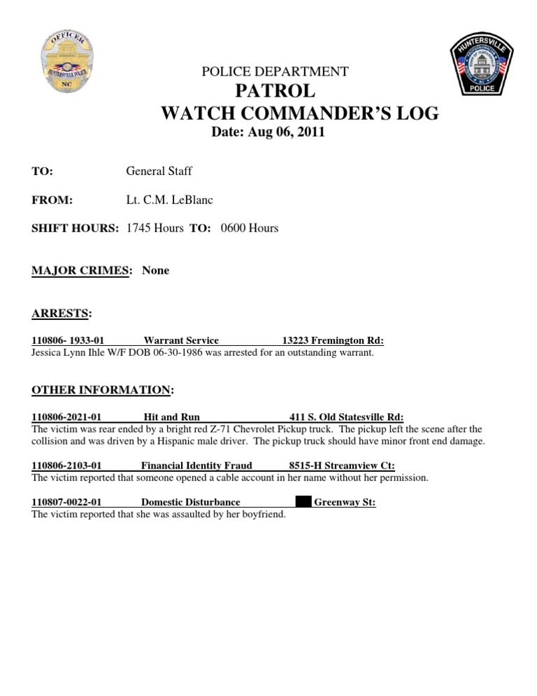 Patrol Watch Commander’s Log: Aug 2011 | PDF