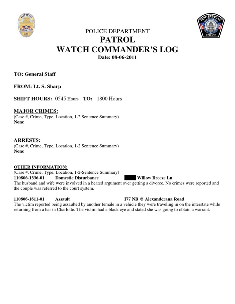 Patrol Watch Commander’s Log 08-06-2011 | PDF | Social Science | Law