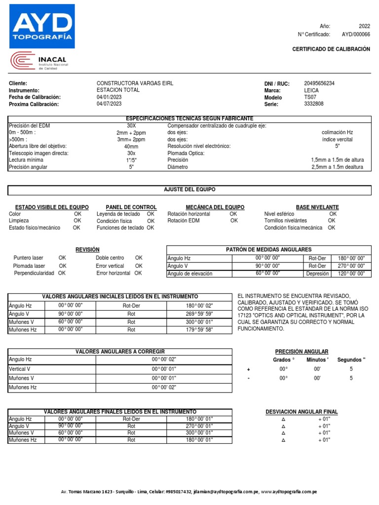 Calibration Certificate for a Leica TS07 Total Station PDF