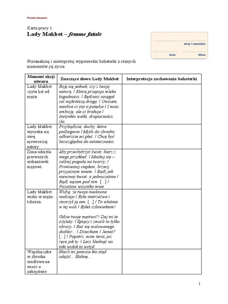 1A, 1 E Karty Pracy Z Makbeta PDF