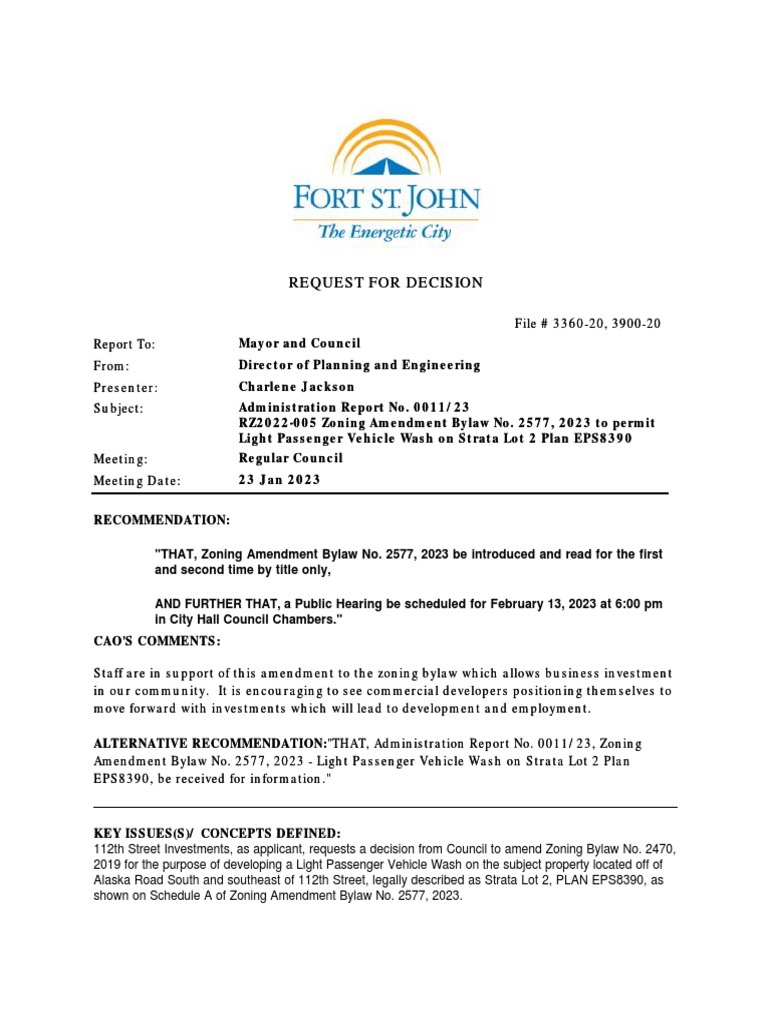 City of Fort St. John Zoning Amendment Bylaw No. 2577, 2023 To Permit