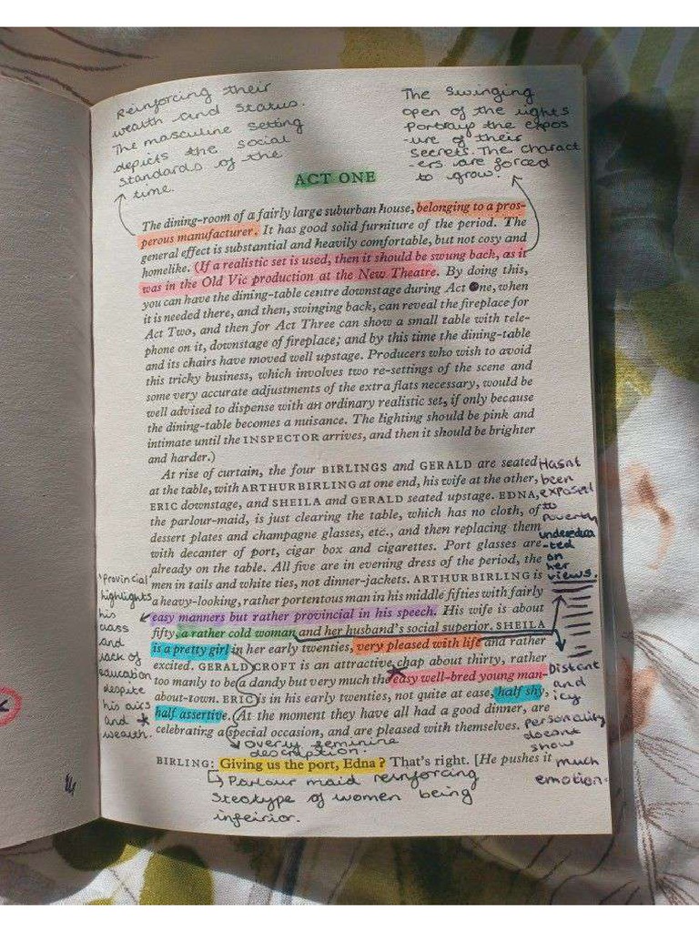 An Inspector Calls Annotations Act 1 Stage Directions Annotations