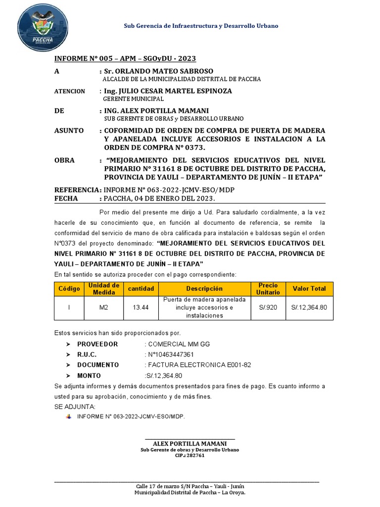 Informe #005 2023 Conformidad Orden de Compra | PDF