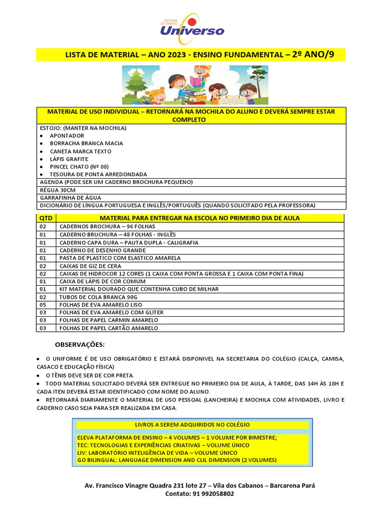 Lista de Material Escolar 2º Ano 2023 | PDF