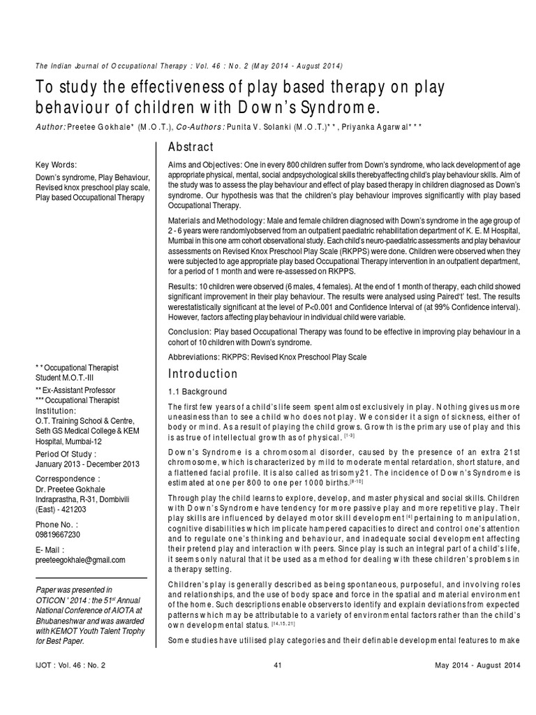 Effectiveness of Play Based Therapy On Play Behaviour of Children With ...