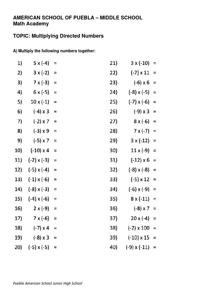 60 WS Multiplying Directed Numbers | PDF