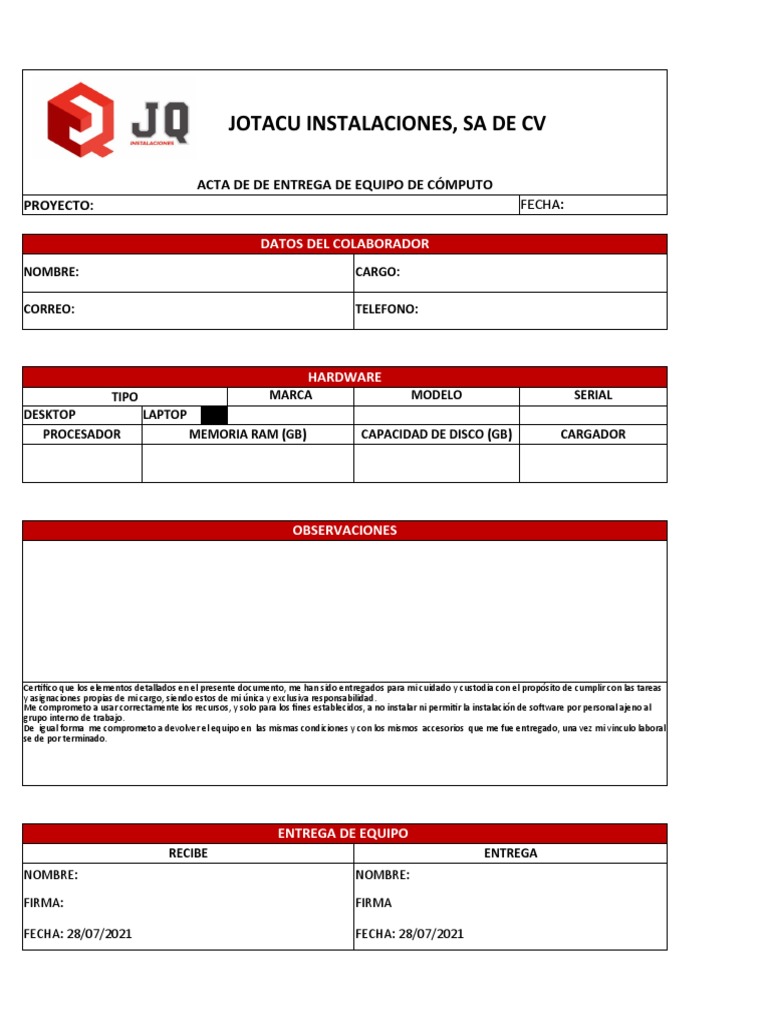 Acta de Entrega de Equipo de Computo | PDF
