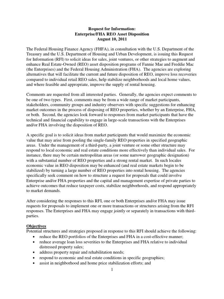 FHFA Treasury Hud - RFQ For Dispoistion of REO | PDF | Federal Housing ...