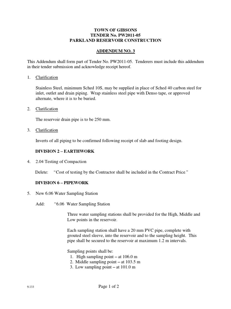 Gibsons Parkland Reservoir Tender Addendum | PDF | Reservoir ...
