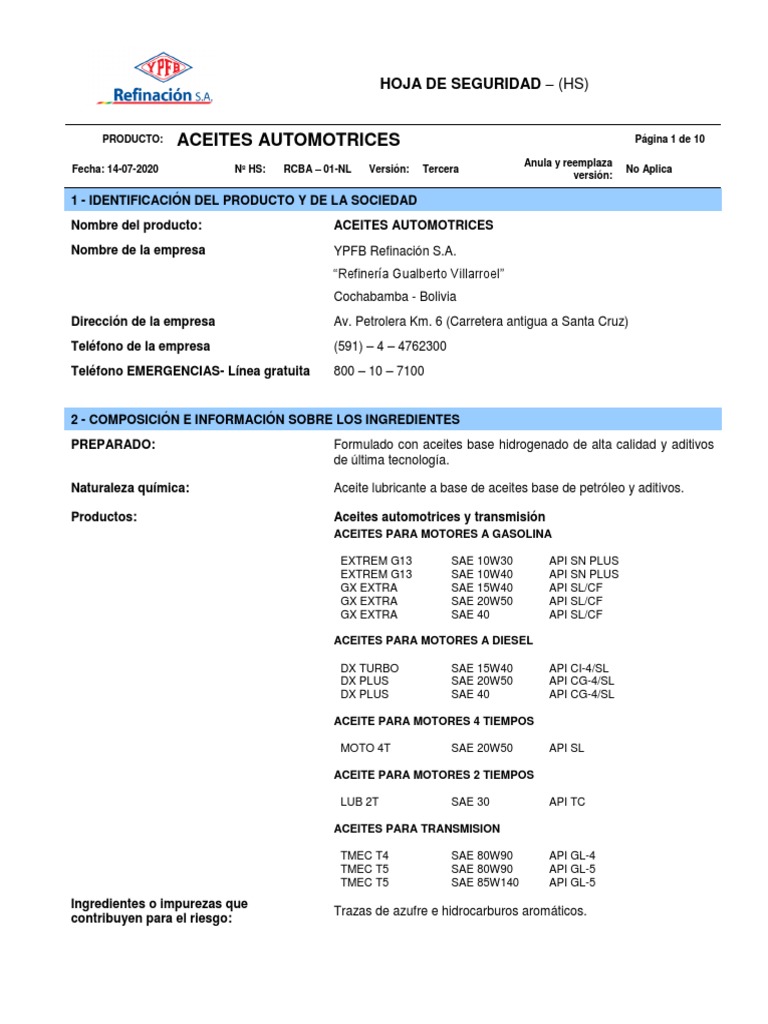 Guía de seguridad para aceites automotrices | PDF | Agua | Gases