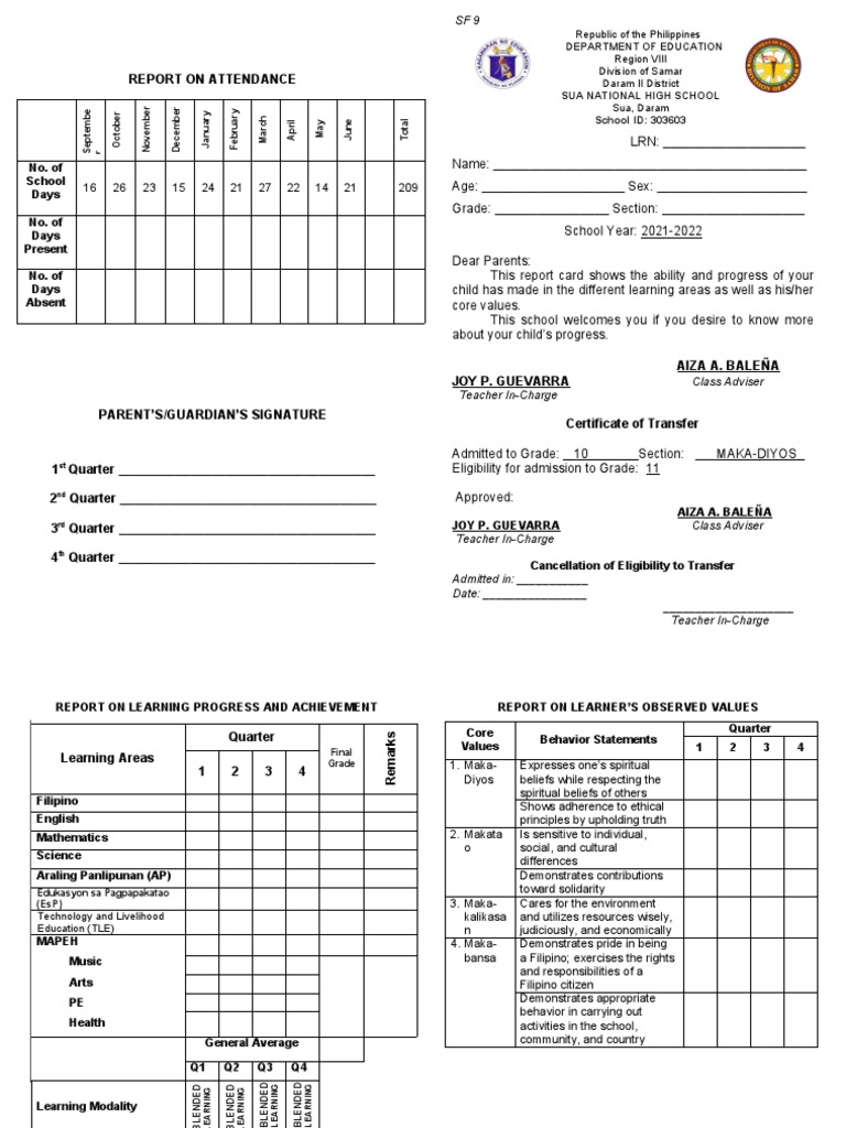 Correct Report Card Sf9 Pdf Psychology Cognition