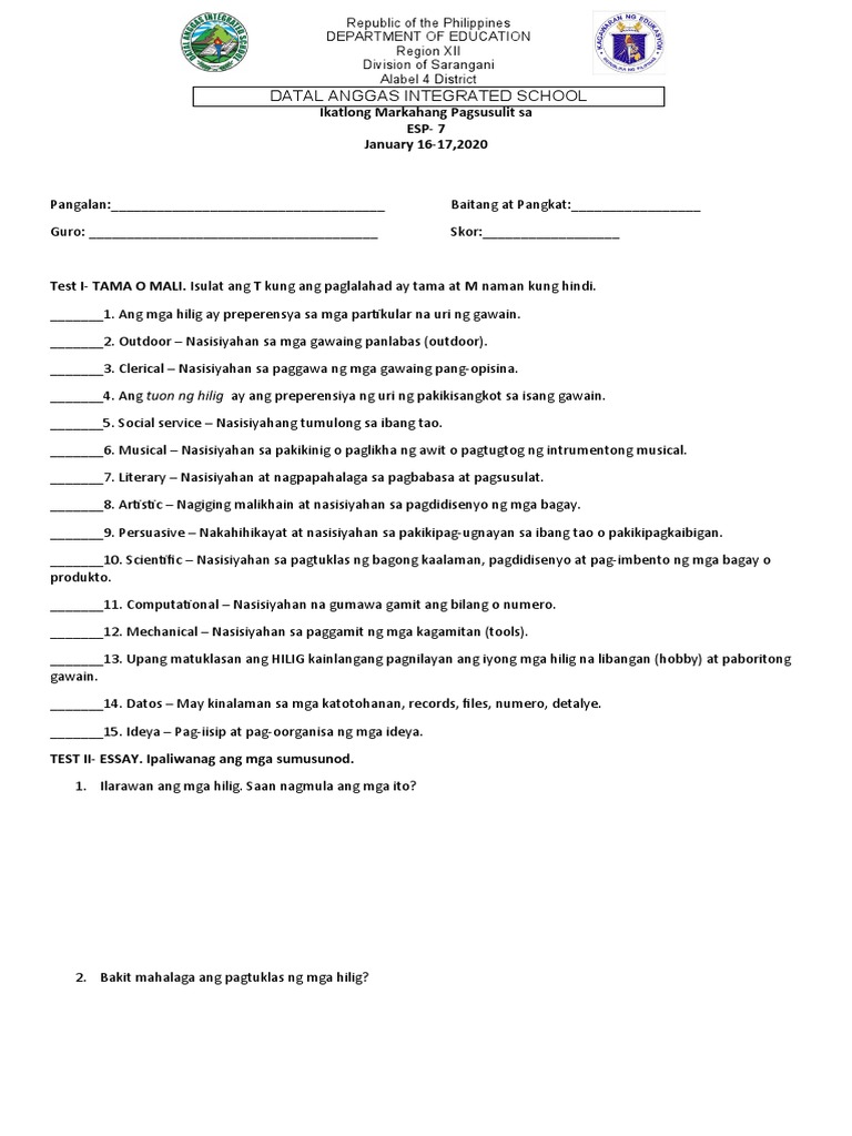 3rd Quarter Exam - Grade 7 Esp | PDF