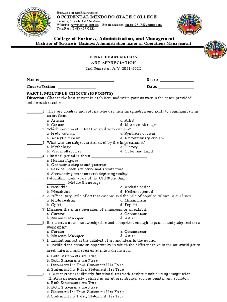 FinalExam Art Appreciation 2022 PDF Aesthetics The Arts