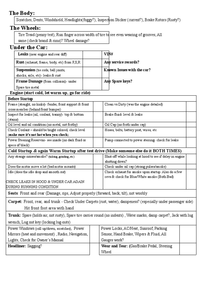 How To Inspect A Used Car Checklist PDF Tire Steering