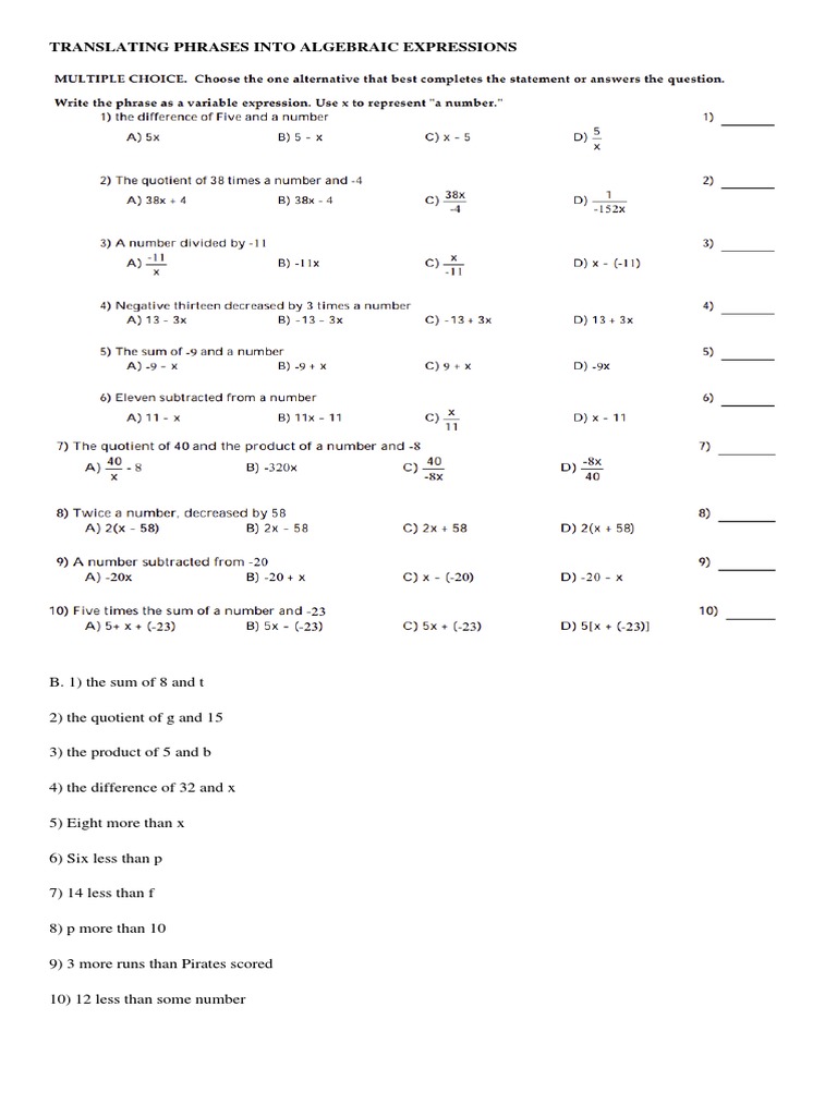 Translating Phrases Into Algebraic Expressions Worksheet PDF