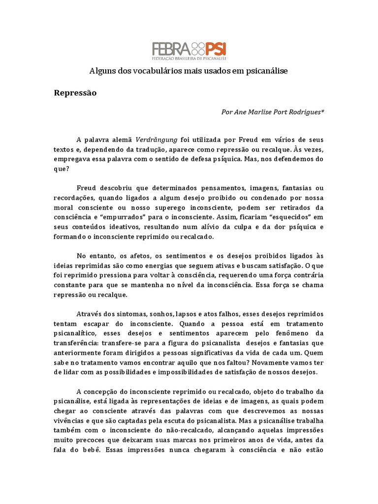 Repressão Recalque | PDF | Mente inconsciente | Psicanálise