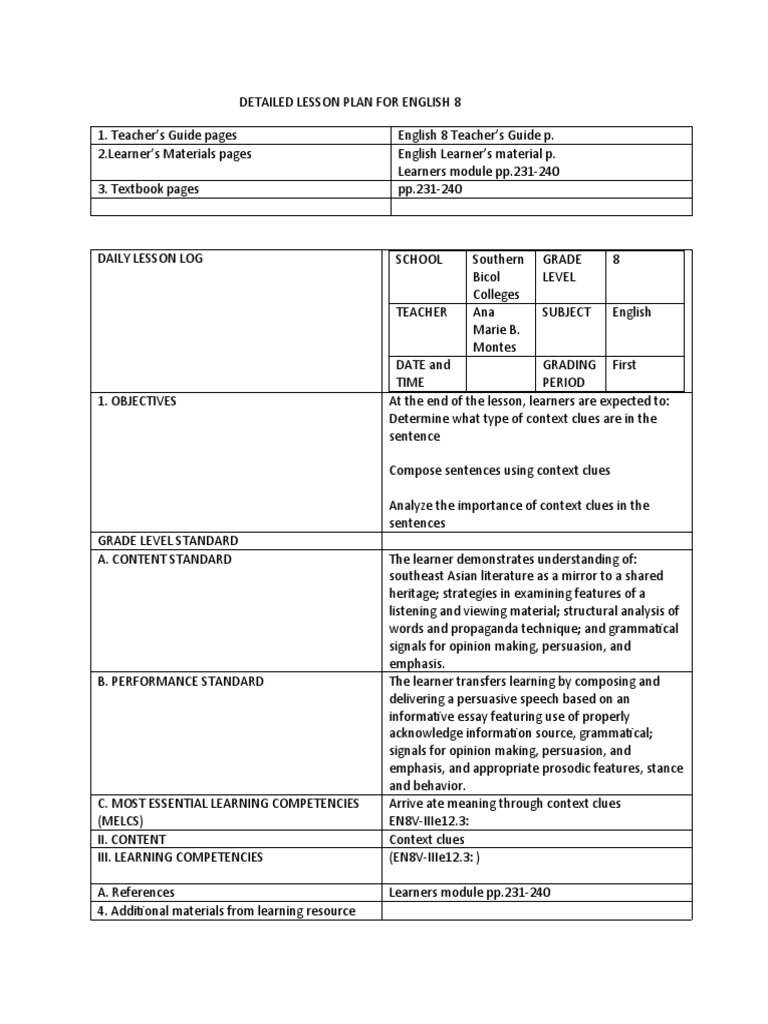 Context Clues Lesson Plan for Grade 8 | PDF | Learning | Teachers
