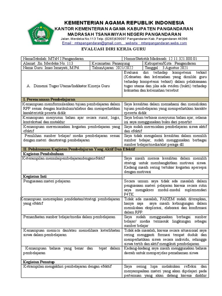 Evaluasi Diri Kerja Guru MTsN Pangandaran | PDF | Karier & Perkembangan
