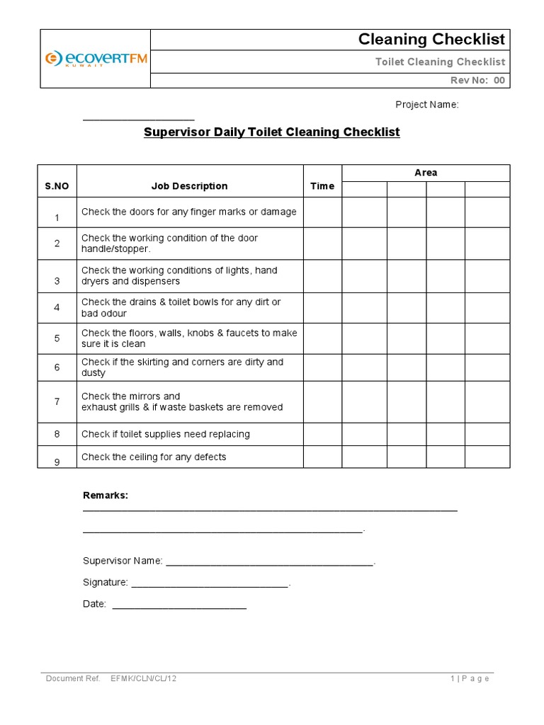 EFMKCLNCL12 Supervisor Daily Toilet Cleaning Checklist PDF