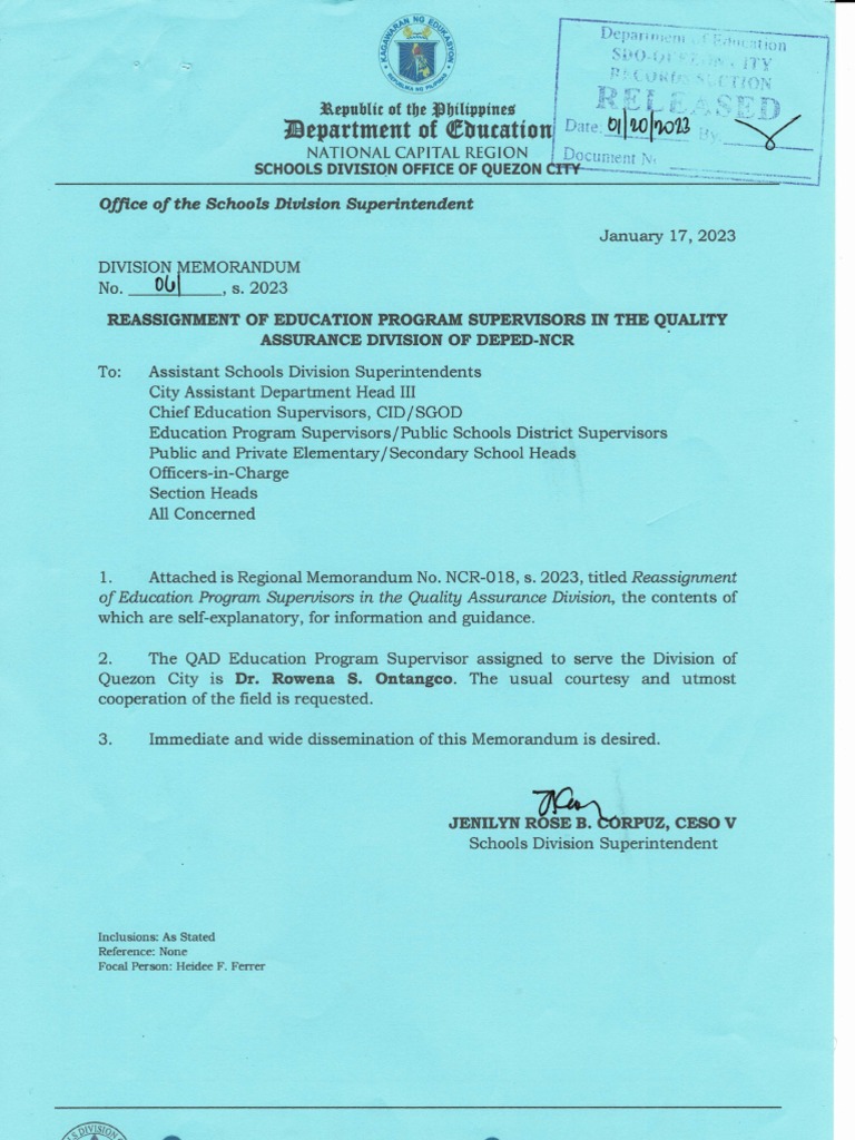 Reassignment of Education Program Supervisors in The Quality Assurance ...