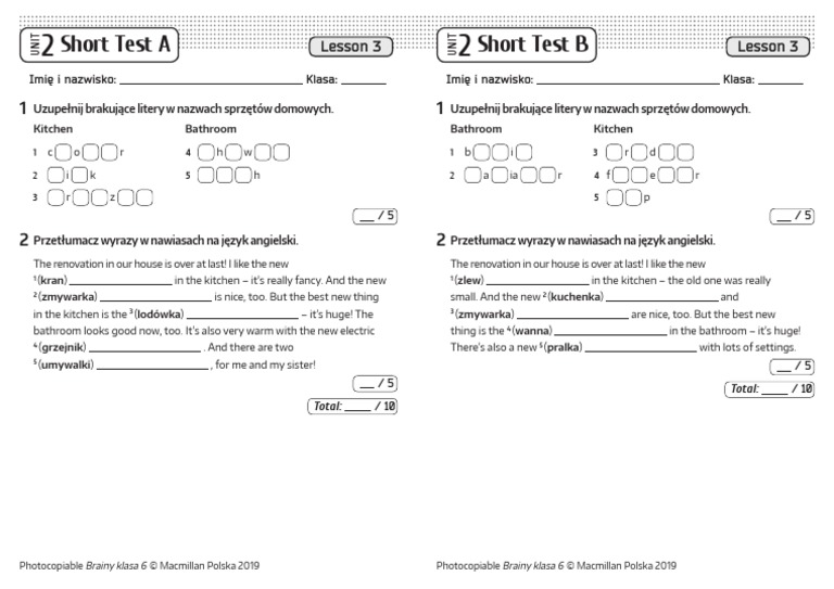Brainy Klasa 6 Unit 3 Sprawdzian Brainy kl6 Short Tests Unit 2 Lesson 3 | PDF