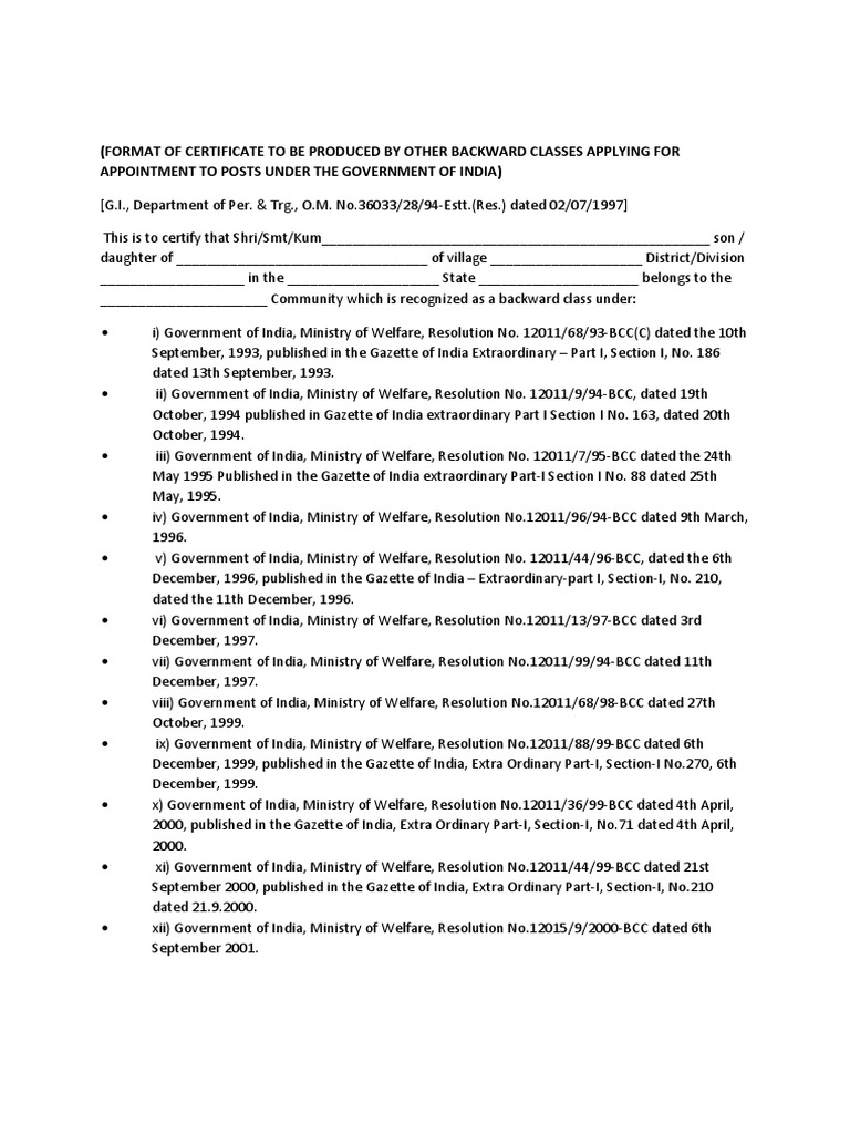 OBC Non-Creamy Layer Certificate Format | PDF | Magistrate | Government ...