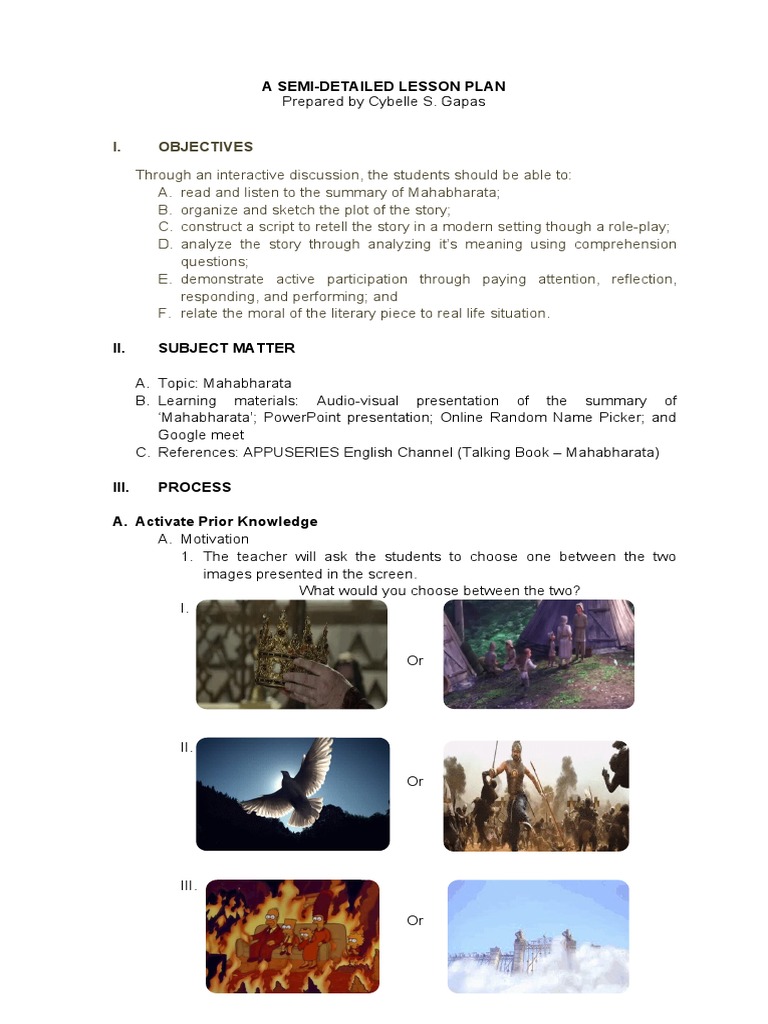 Mahabharata Lesson Plan for Students | PDF | Ancient Indian Literature ...