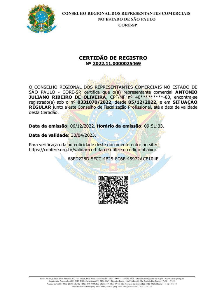 Certidão de Registro CORE-SP 2022 | PDF