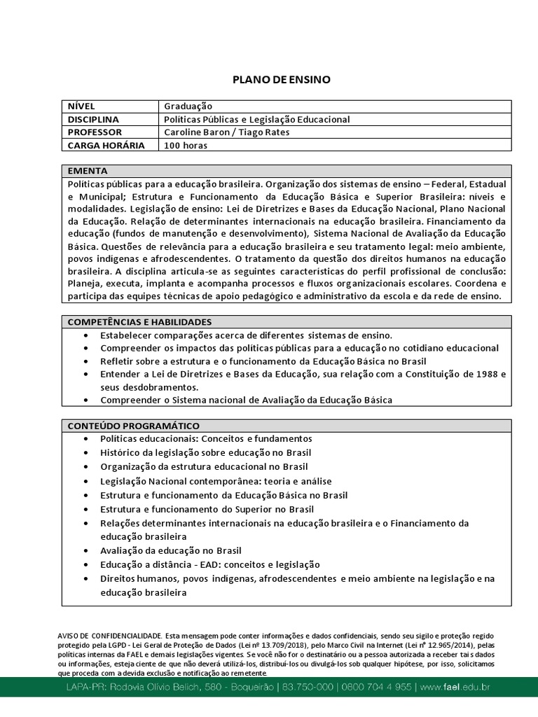 Plano de Ensino - Politicas Publicas e Legislacao Educacional | PDF ...