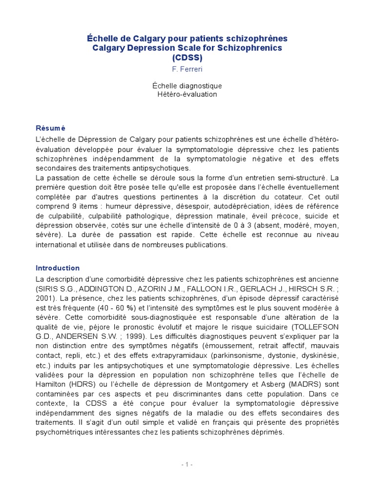 Échelle de Calgary pour la dépression | PDF | Dépression (psychiatrie ...
