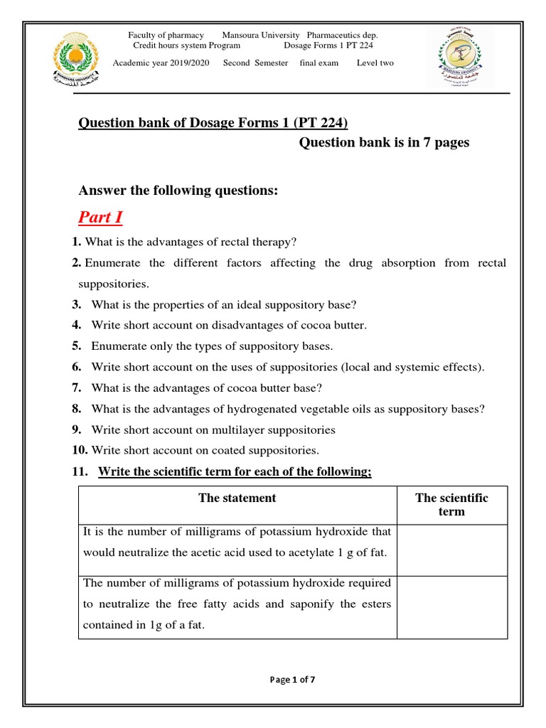 Dosage Forms MCQ Question Bank | PDF | Tablet (Pharmacy) | Chemical ...