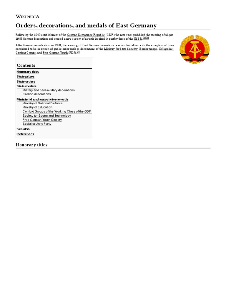 Orders, Decorations, and Medals of East Germany PDF East Germany