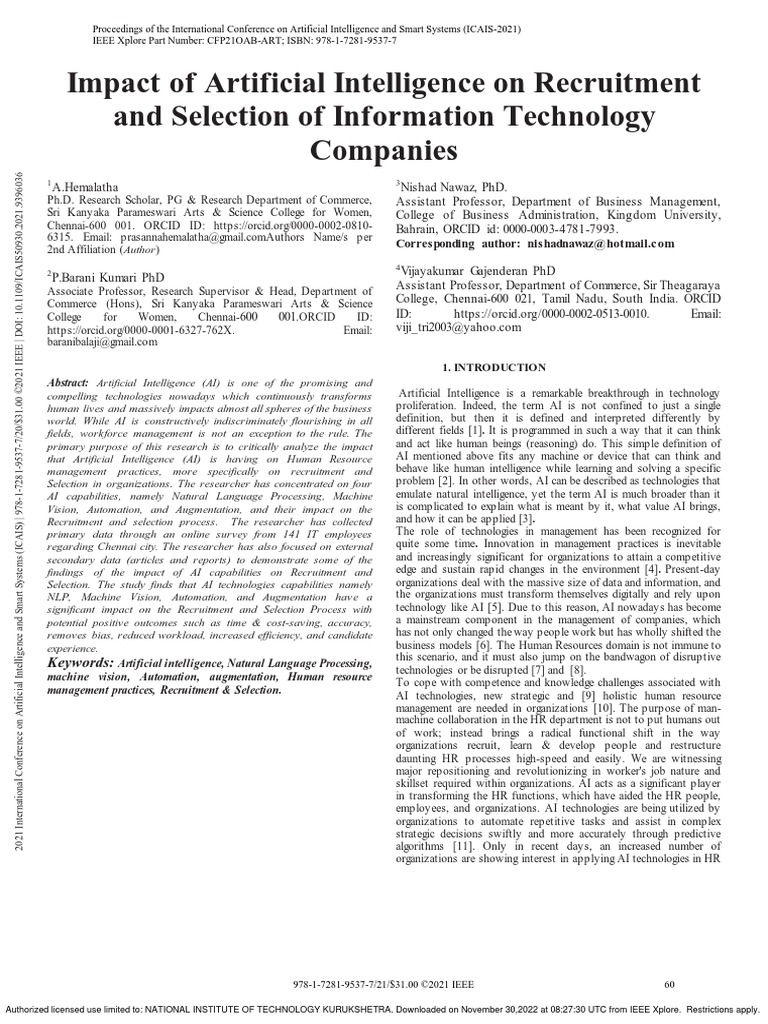Impact of Artificial Intelligence On Recruitment and Selection of | PDF ...