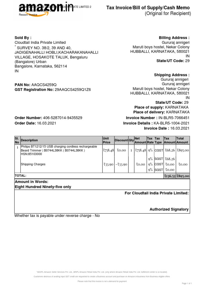 Digitally signed tax invoice for beard trimmer purchase pdf invoice