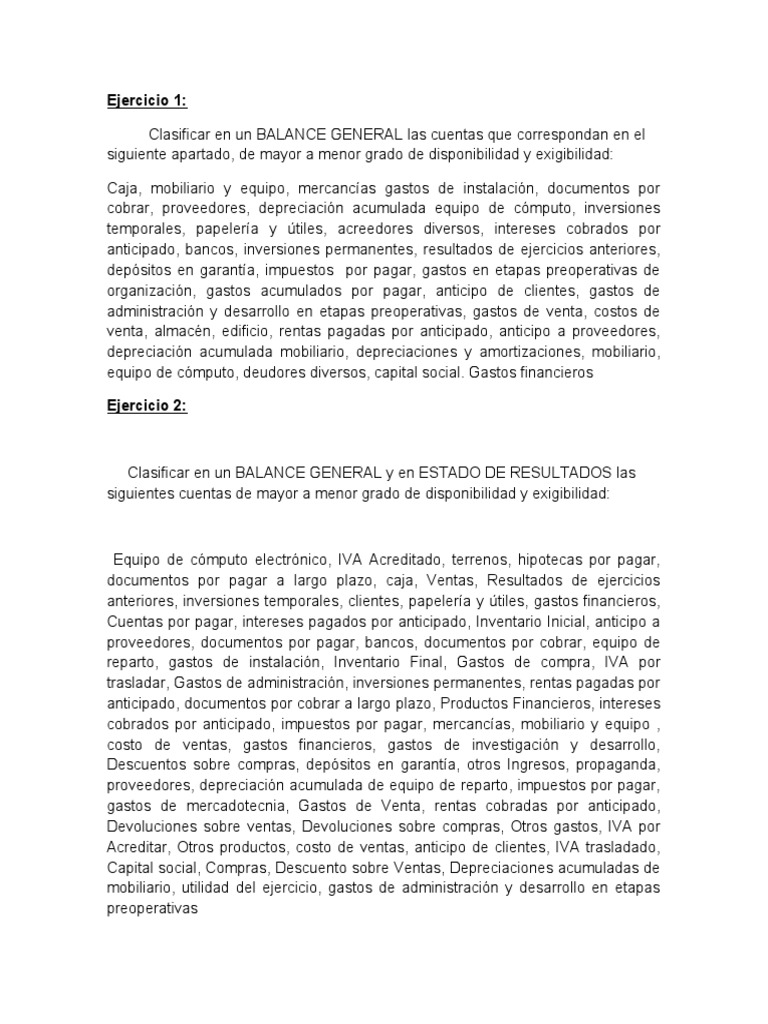 Clasificación de Cuentas en Balance General y Estado de Resultados | PDF