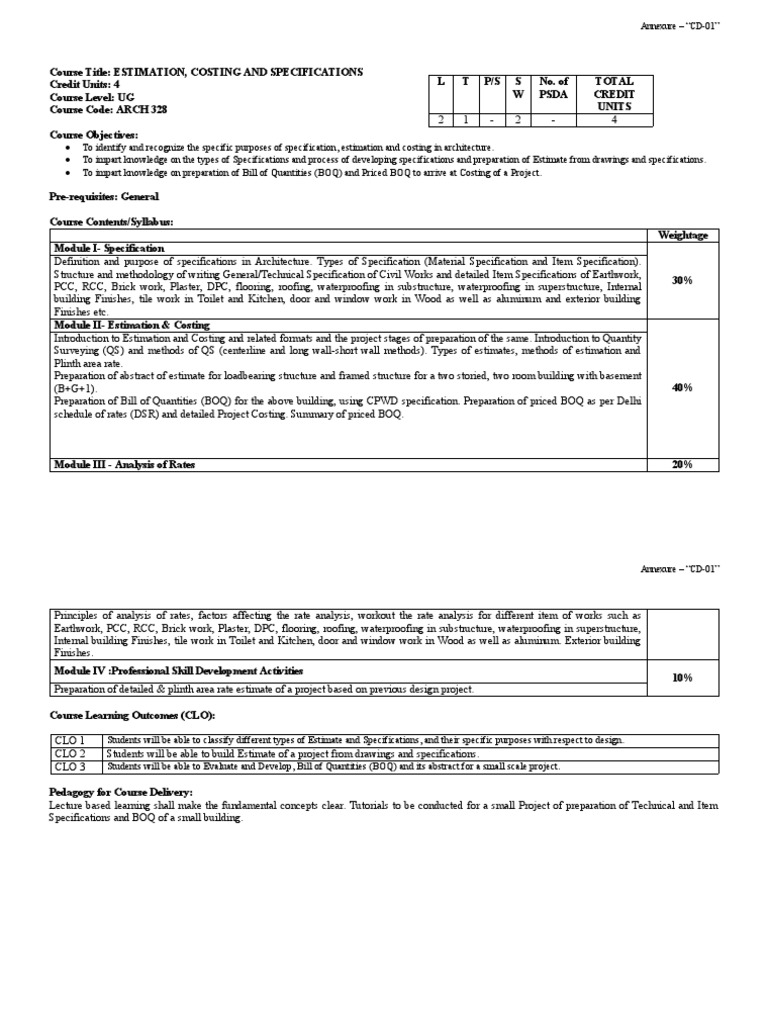 Estimation and Costing in Civil Engineering | PDF | Specification ...