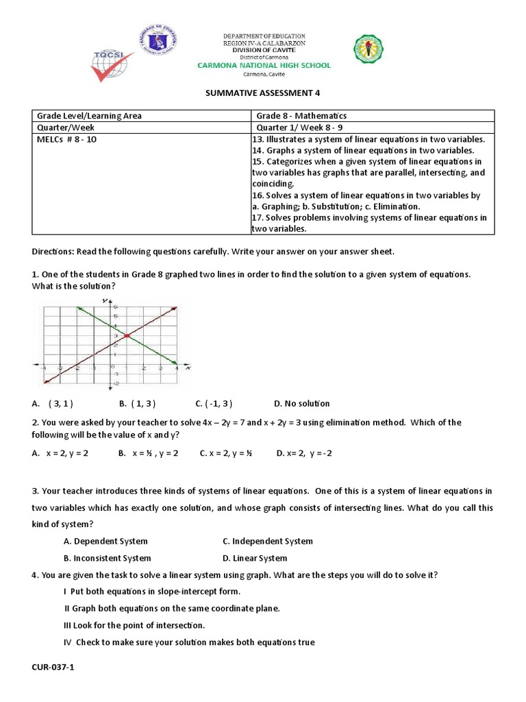 q1 Summative Assessment 4 PDF System Of Linear Equations Equations