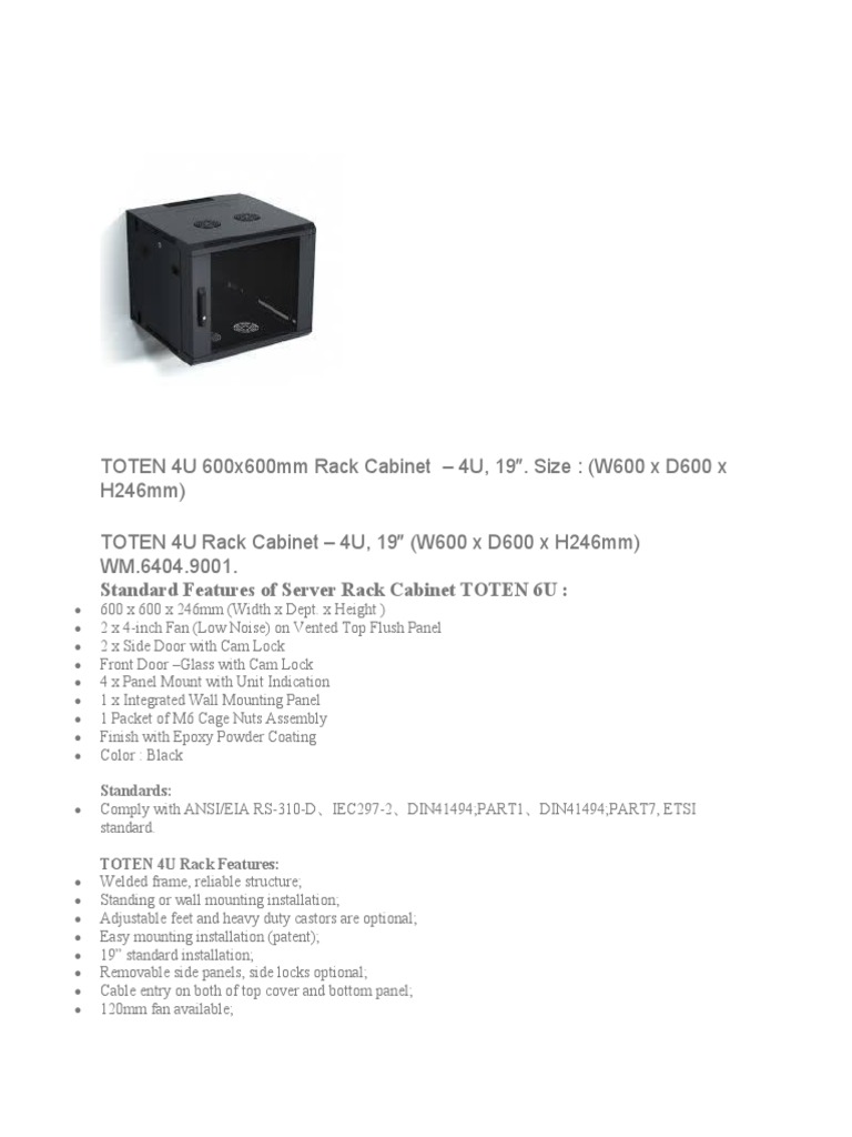 TOTEN 4U Rack Cabinet Specifications | PDF