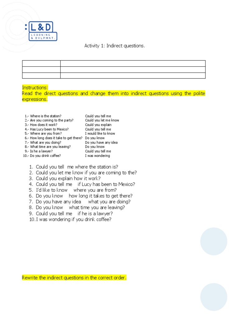 Indirect Questions Practice Exercise | PDF